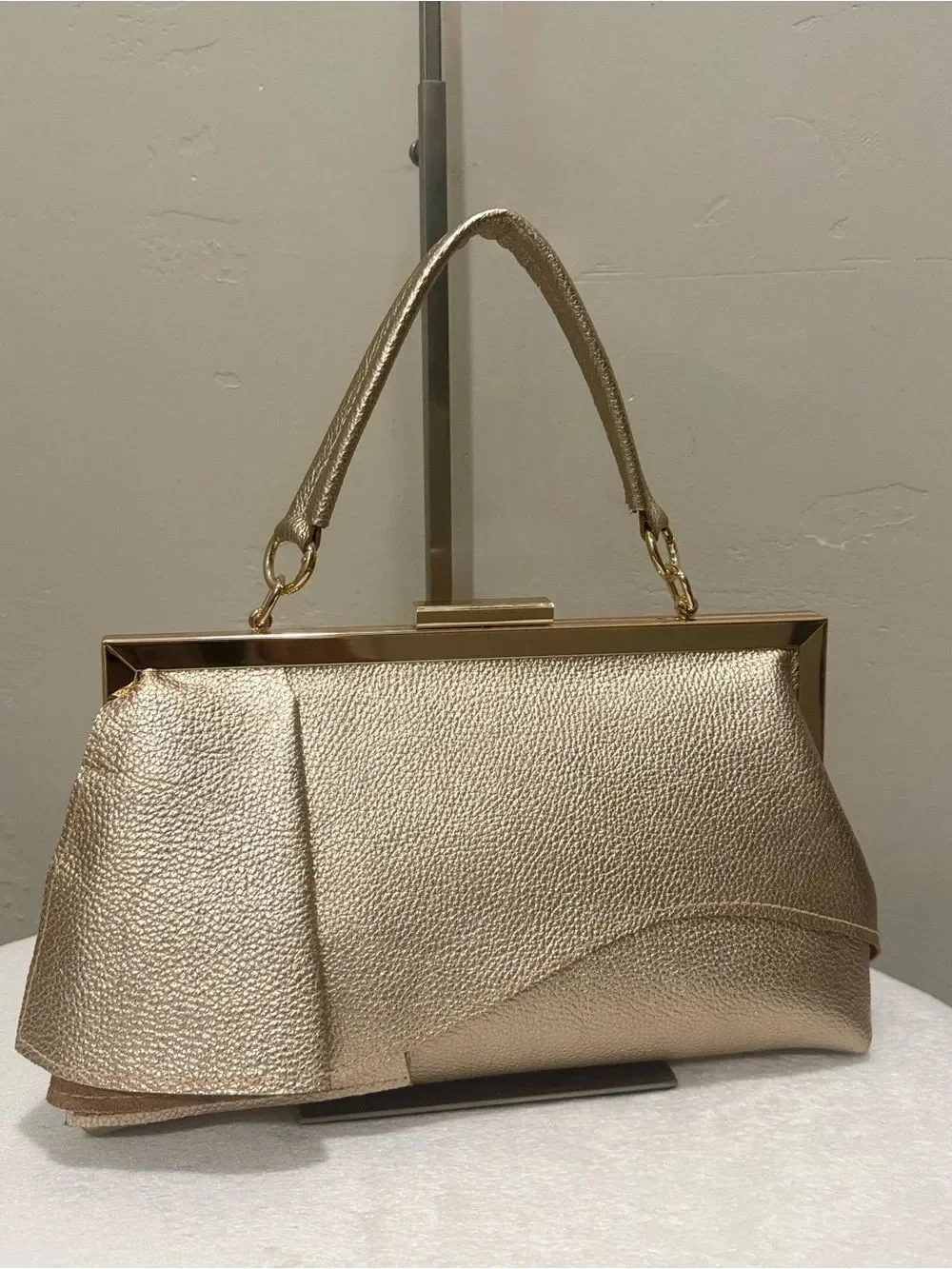 Gold Pebble Leather Handmade Asymmetrical Ruffles Push Lock Frame Bag
